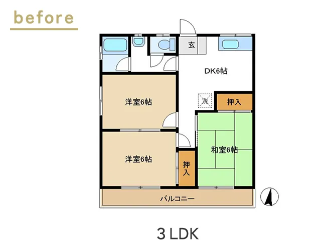 リフォーム事例のbefore 6畳の洋室2部屋と6畳の和室、6畳のDKが1つの3LDK