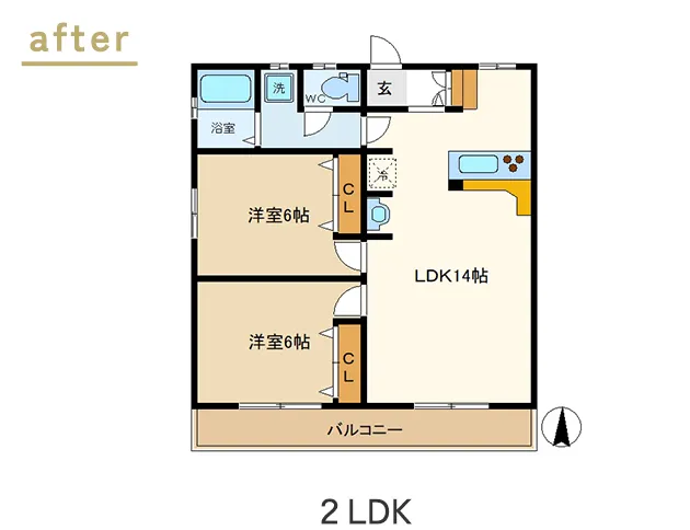 リフォーム事例のafter 6畳の洋室2部屋と14畳のLDK1つの2LDK